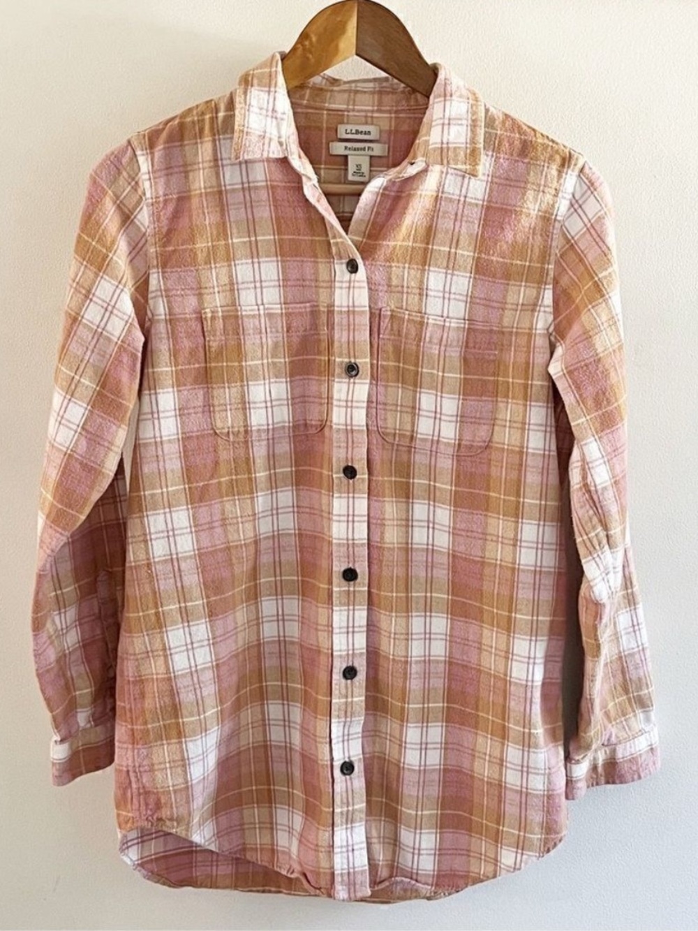 L.L.Bean Signature Cotton Flannel Shirt Pink Gold Plaid Button Front XS